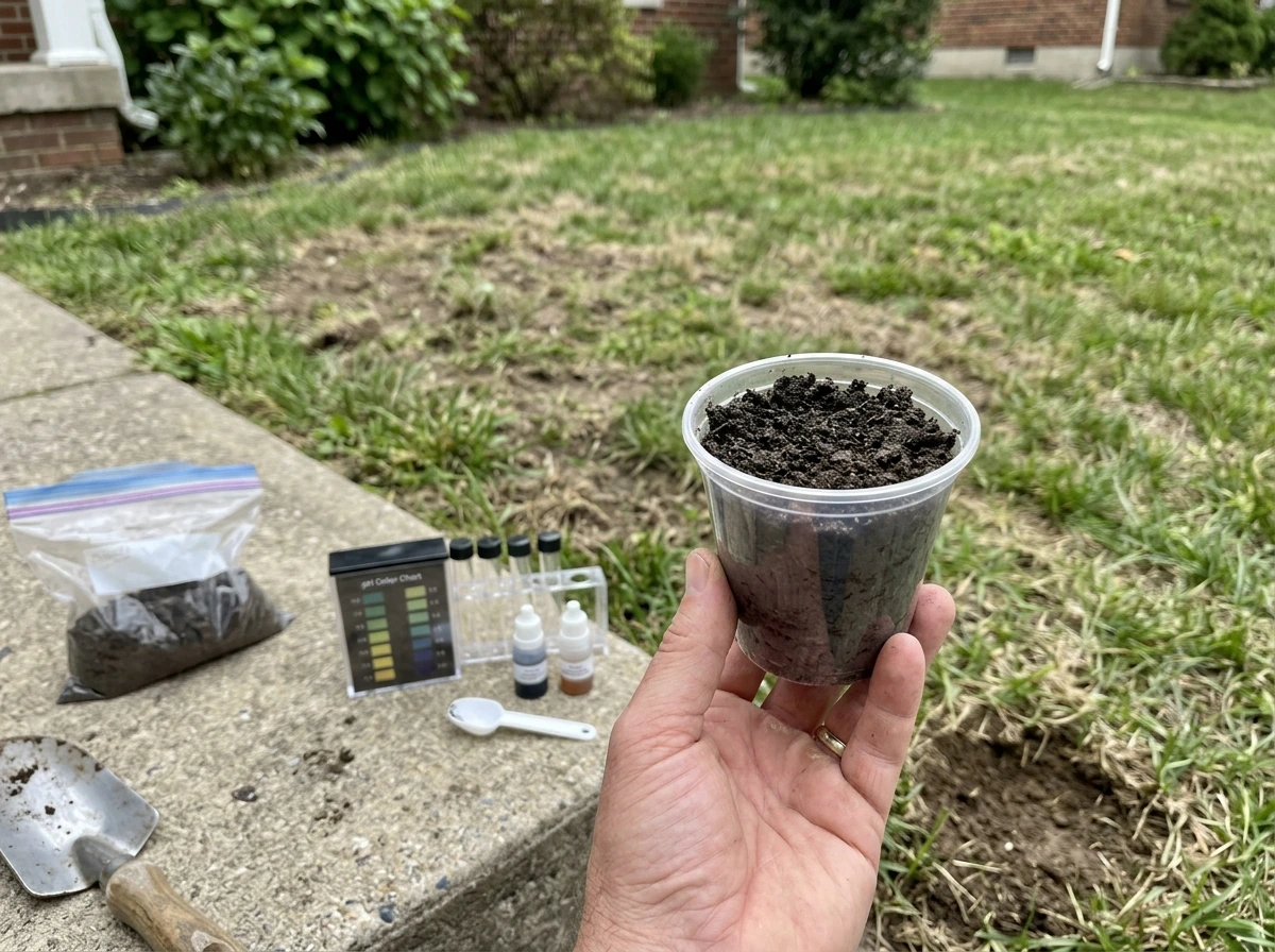 Soil test kit laid out with yard soil sample