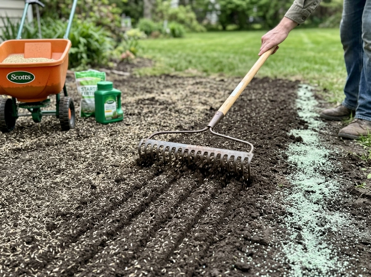 Raking seed lightly to cover seeds about quarter inch