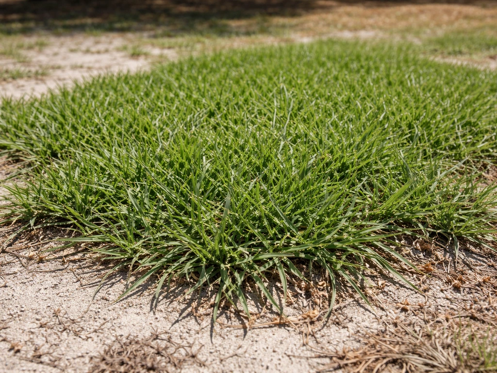 Dense low Bahia grass thriving in sunny sandy soil, shown as a drought-tolerant lawn patch in Florida.
