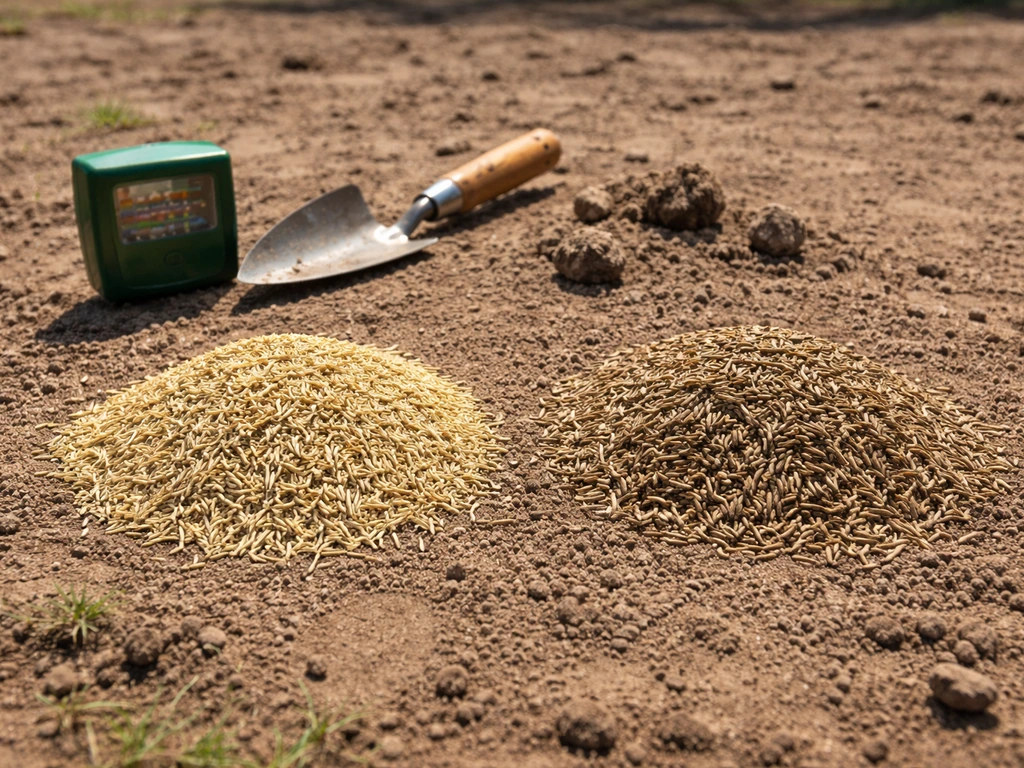 Outdoors in sunny yard, two small bundles of Bahia grass seed beside soil testing tools on bare ground