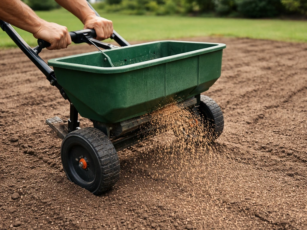 A broadcast/drop spreader drops Bahia seed onto freshly raked soil for even coverage.