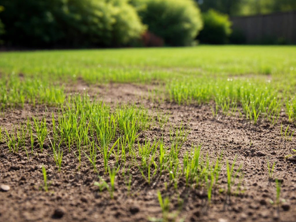 Sunlit new Kentucky bluegrass seedlings emerging across a freshly prepared lawn bed.
