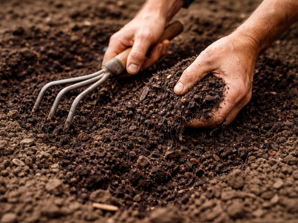 Hands mixing compost into topsoil with a garden fork, showing crumbly improved soil texture.