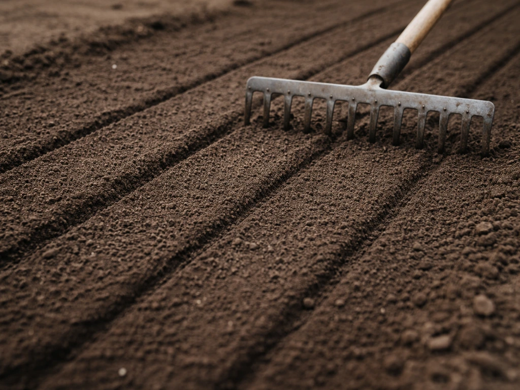 Close-up of a raked, firm seedbed with smooth soil surface and visible planting lines