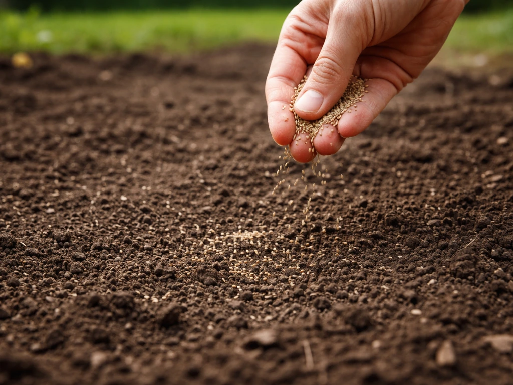 Hand sprinkling tiny bluegrass seeds onto bare soil, seeds clearly visible on the ground.
