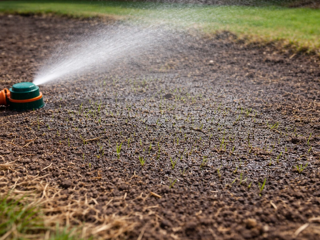 Light sprinkler or fine mist watering a freshly seeded lawn area with no standing water.