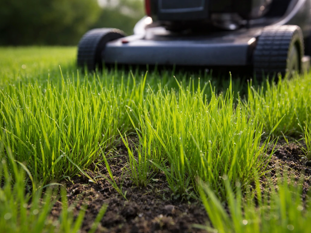 Close-up of young Kentucky bluegrass seedlings at ideal height with a lawn mower set for a higher cut