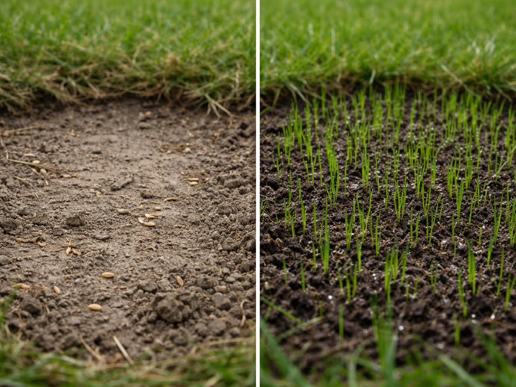 Split view of a dry bare soil patch versus a healthy germinating Kentucky bluegrass patch.