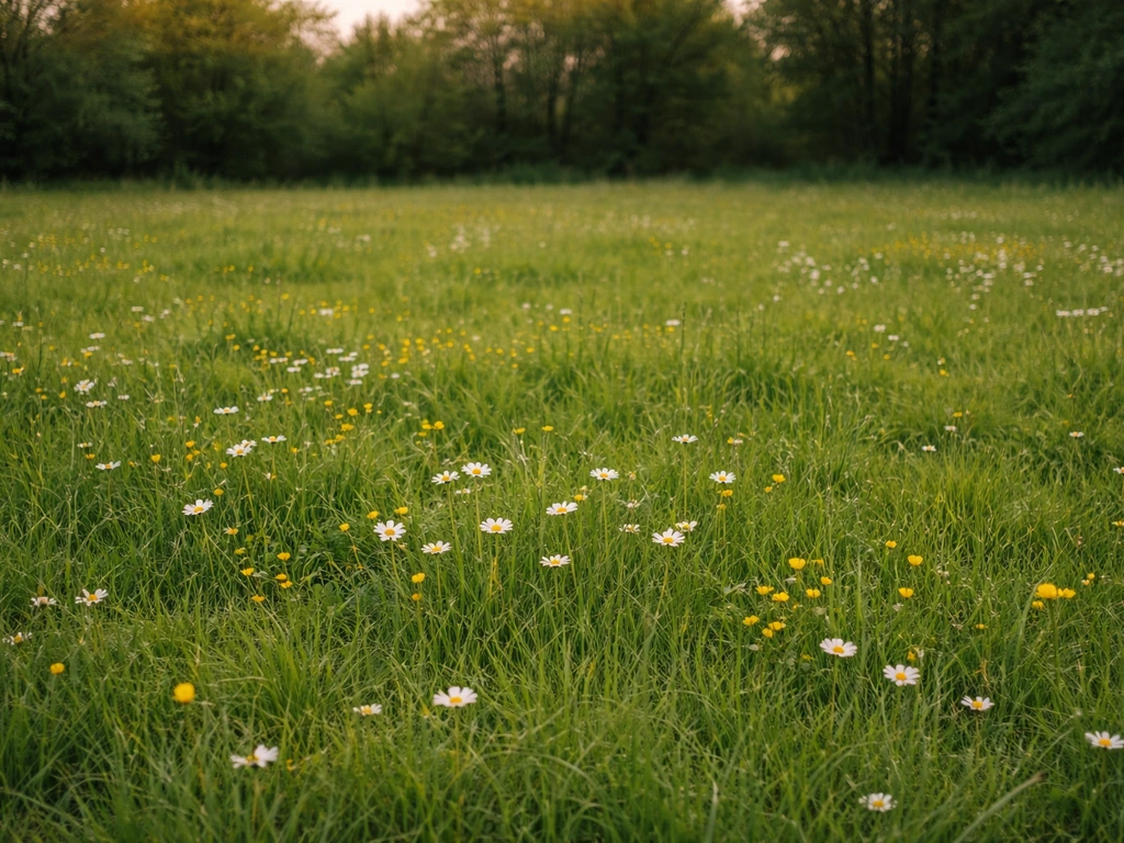 Sunlit meadow lawn grown from seed with visible grasses and scattered wildflowers.