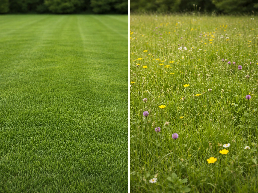 Split view of a neatly mowed monoculture lawn versus a wildflower meadow with taller grasses and blooms.