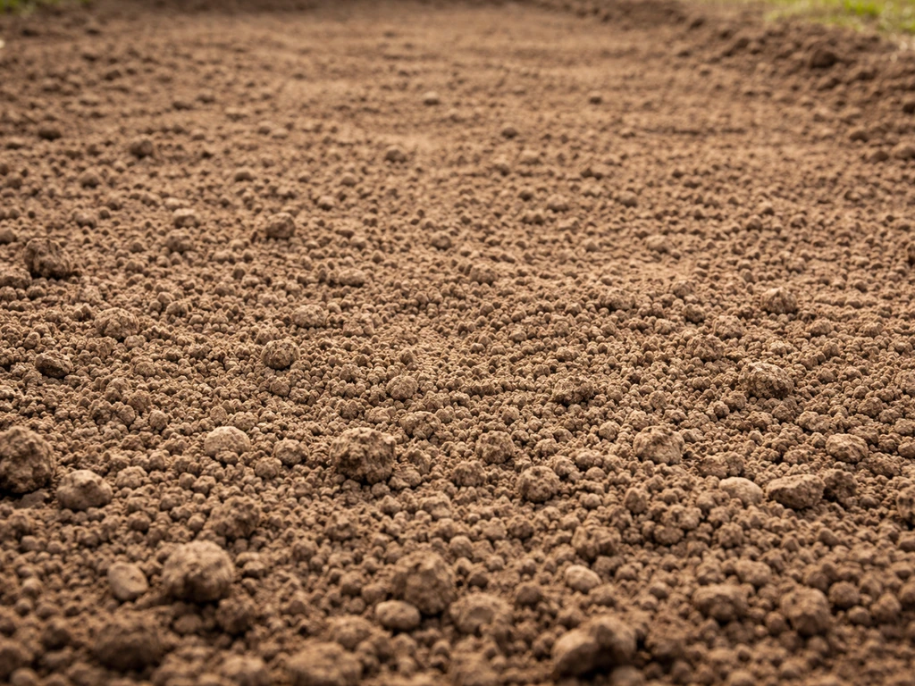 Closeup of loose, raked crumbly soil with bare ground ready for grass seed