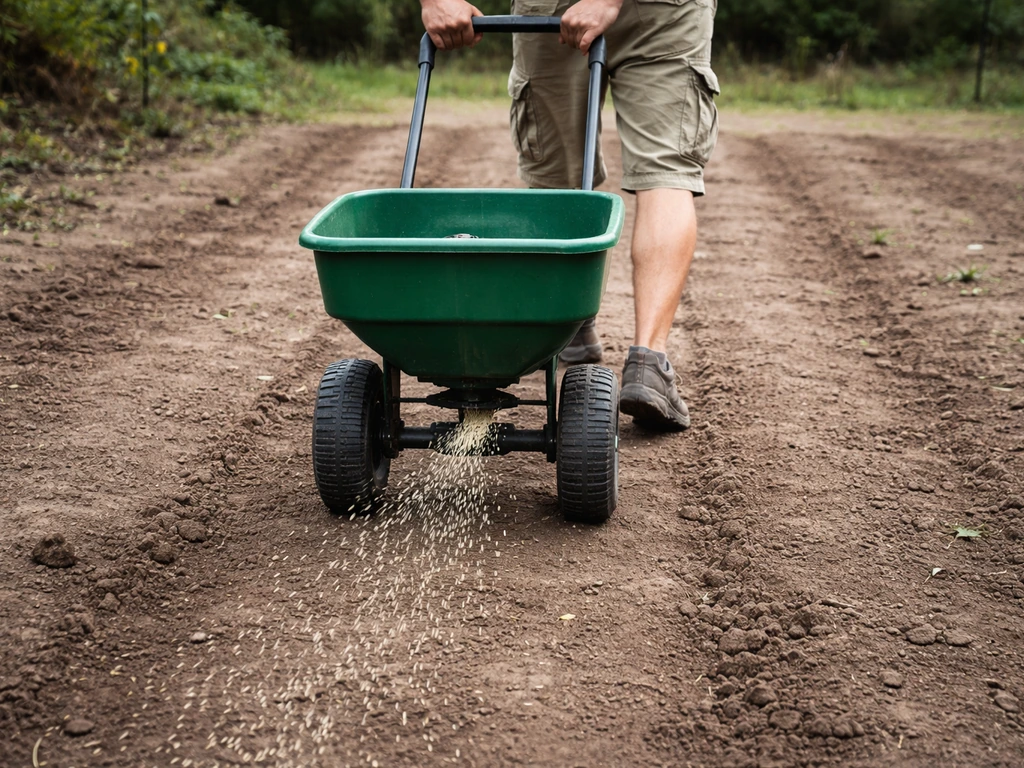 Bare soil with a broadcast spreader dropping meadow grass seed as someone walks rows.