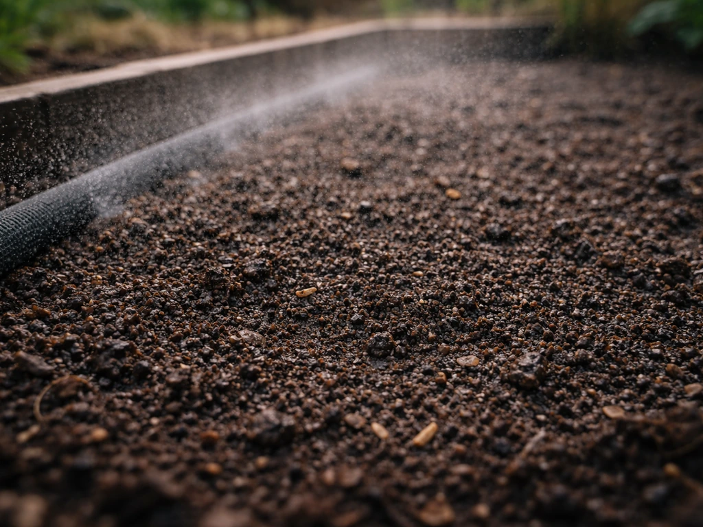 Fine mist from a soaker hose evenly moistens bare seedbed soil during germination.