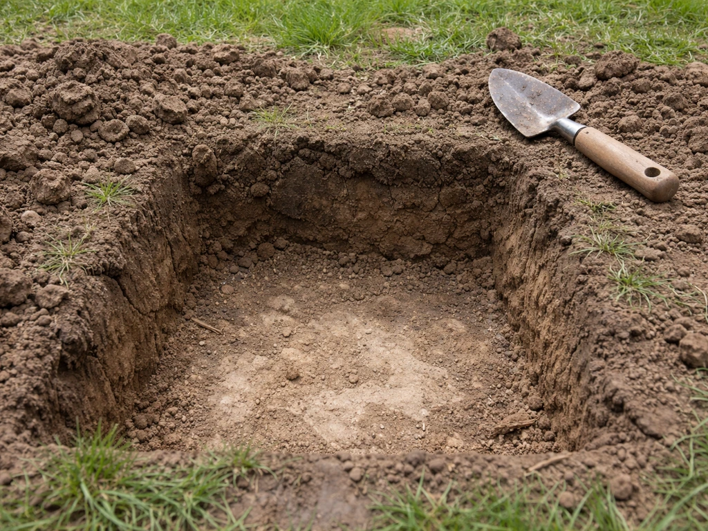 Close view of a dug-up bare yard patch showing hardpan subsoil with loosened soil ready to repair
