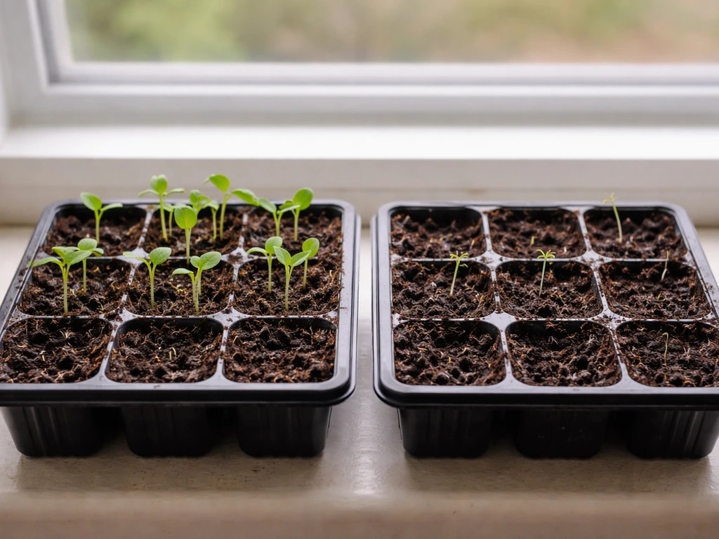 Two seed trays on a windowsill: healthy seedlings on one side, weak/failed sprouts on the other.