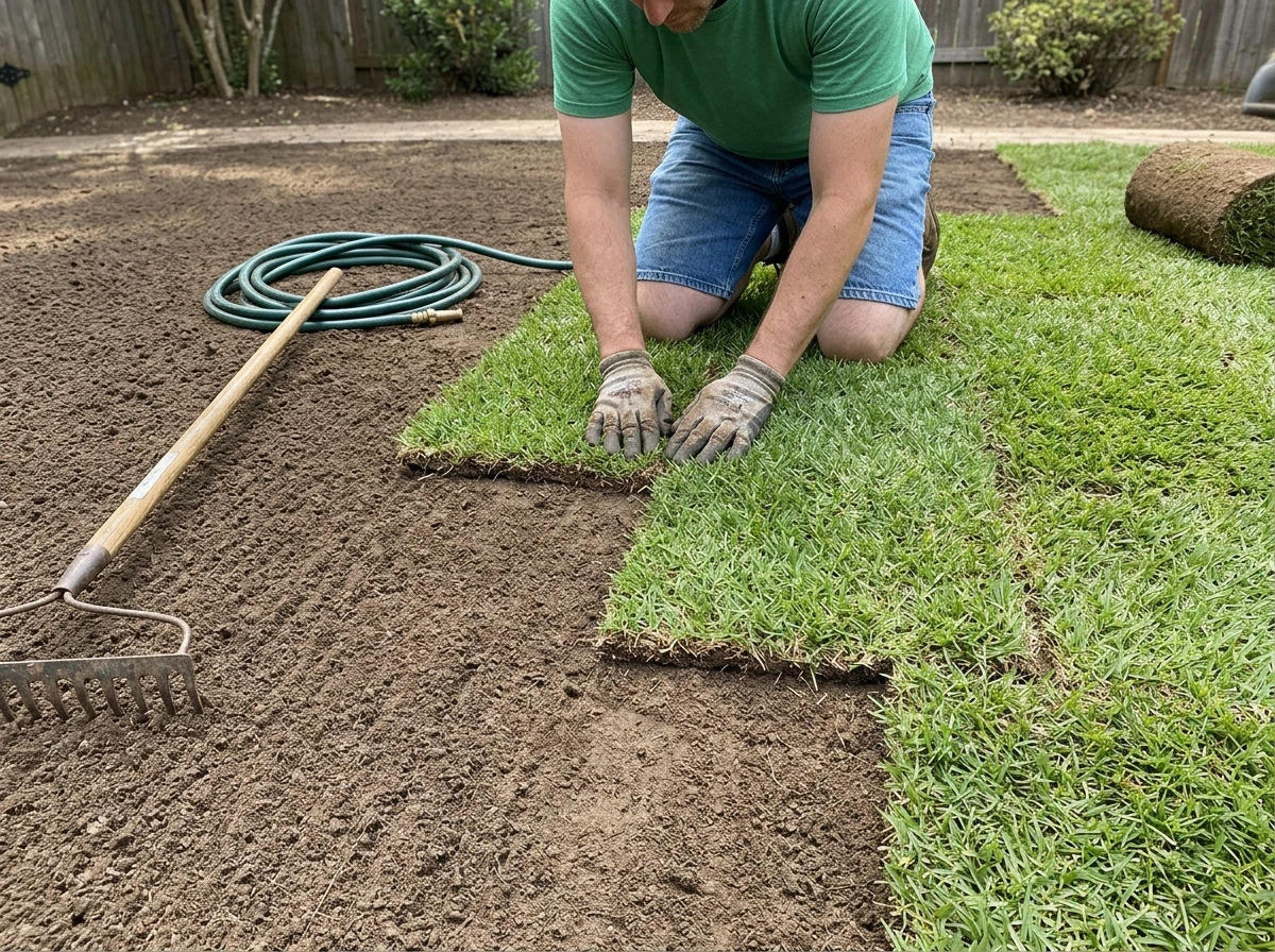 Zoysia sod roll being laid in staggered strips on prepared soil