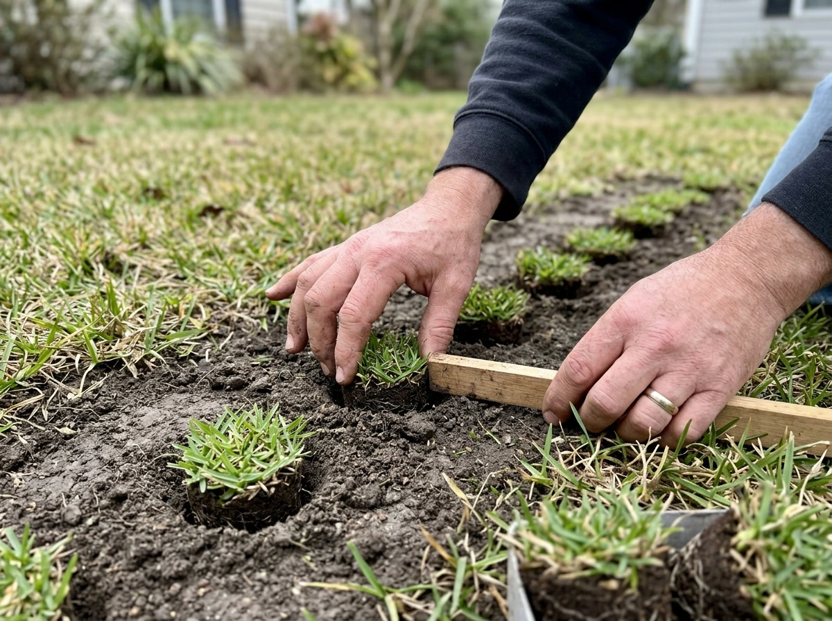 Hands pressing zoysia plugs into the soil at a consistent spacing