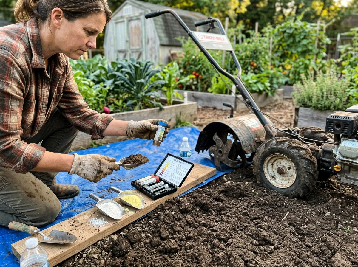 Soil test and pH adjustment materials on a lawn prep surface