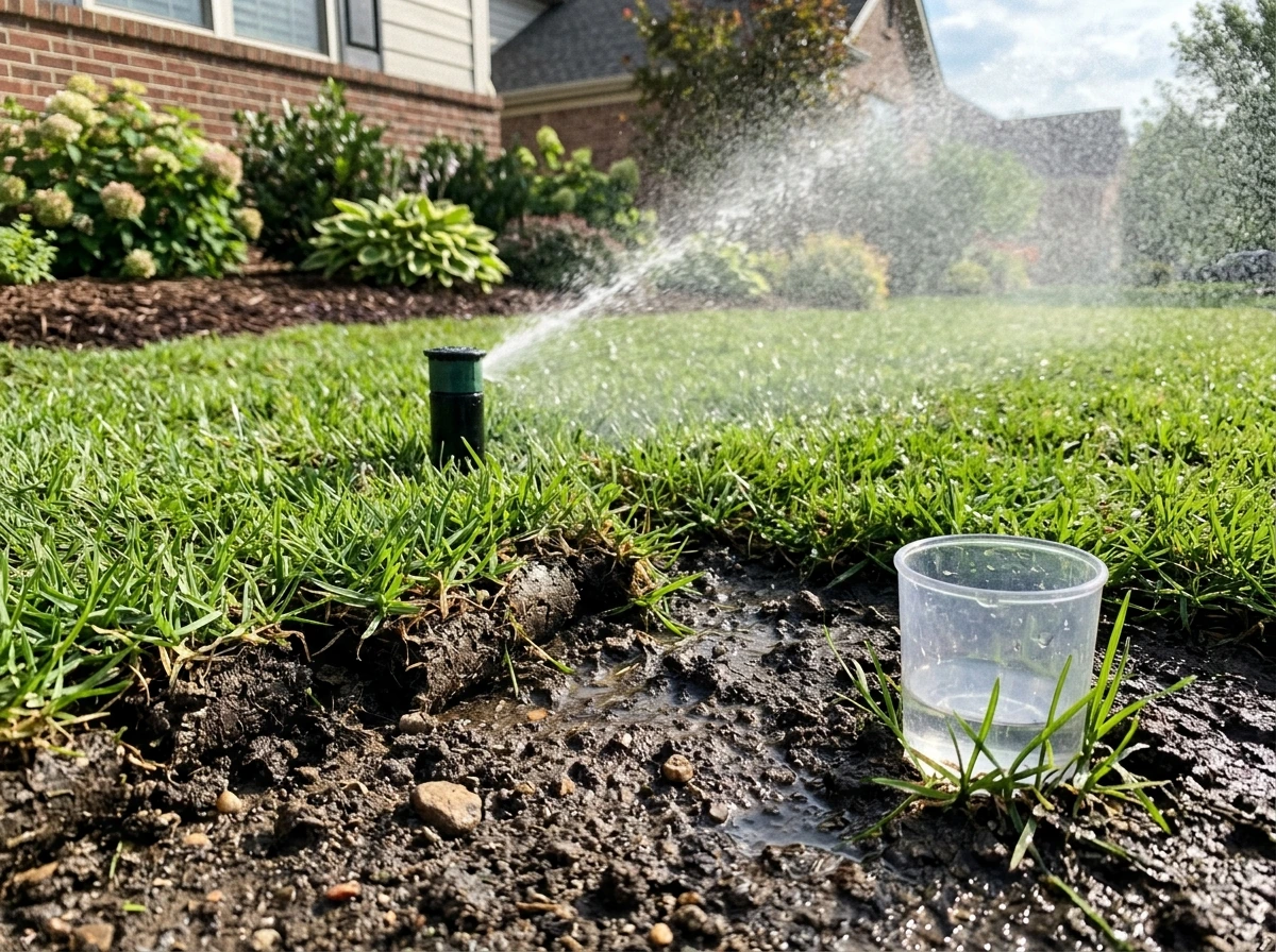 Garden sprinkler watering newly planted zoysia with shallow, moist soil
