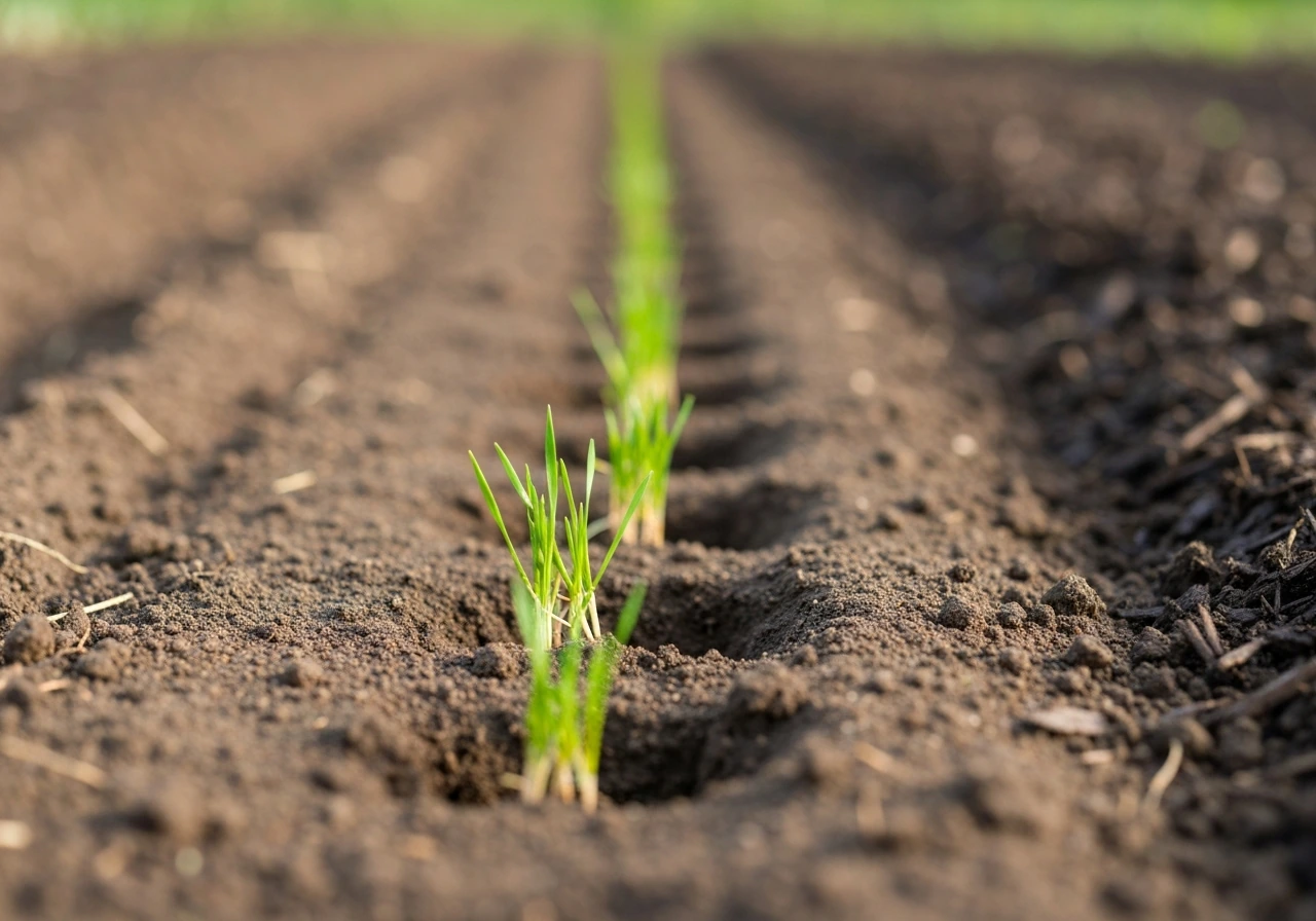 Close-up of grass starters placed on tilled bare soil in a simple farm bed before they grow.