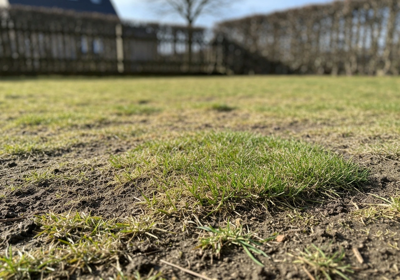 Patchy late-winter lawn with fresh spring green grass creeping outward.