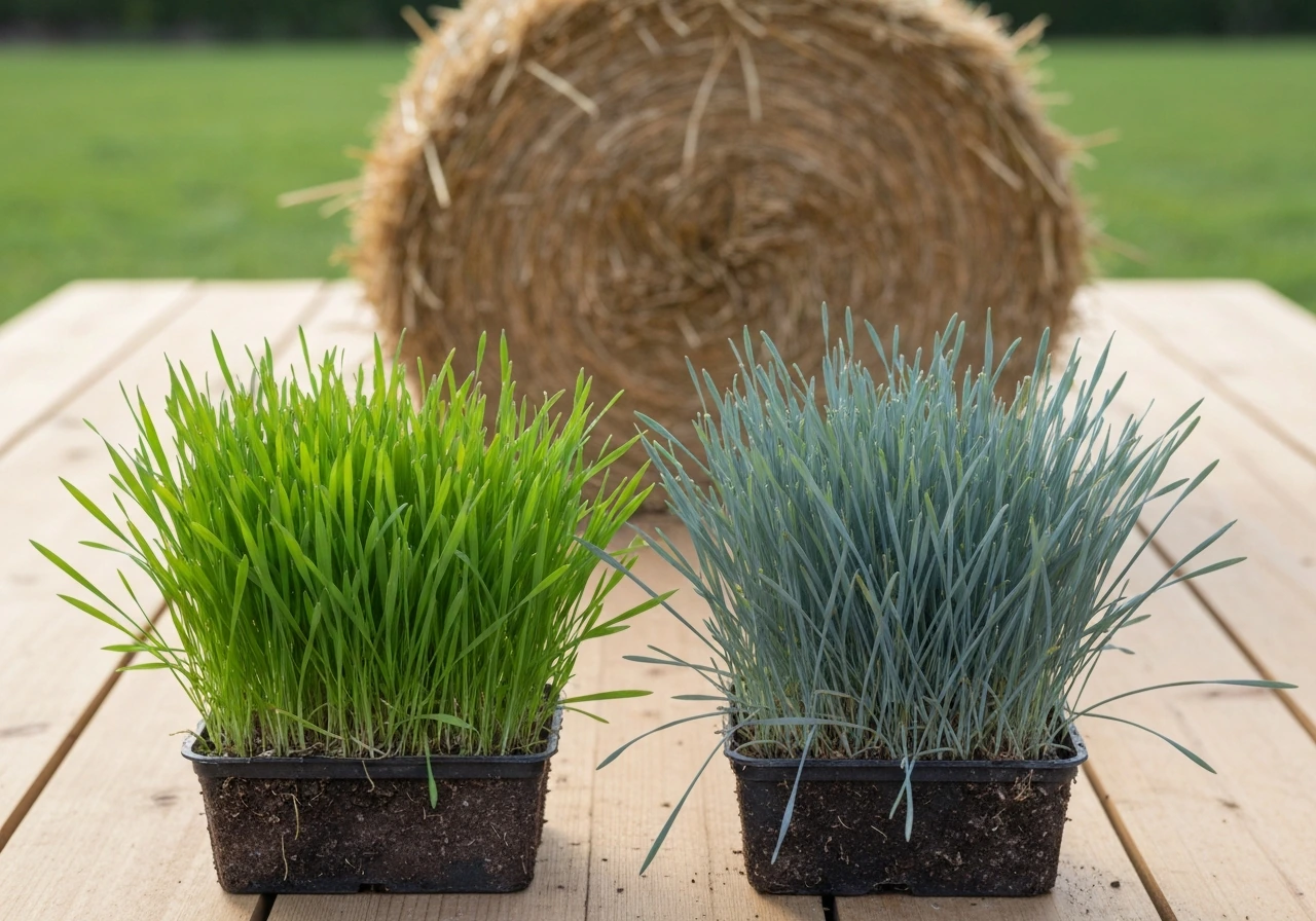 Two small grass clumps labeled nowhere: normal grass green and blue grass bluish, with a simple hay bale nearby