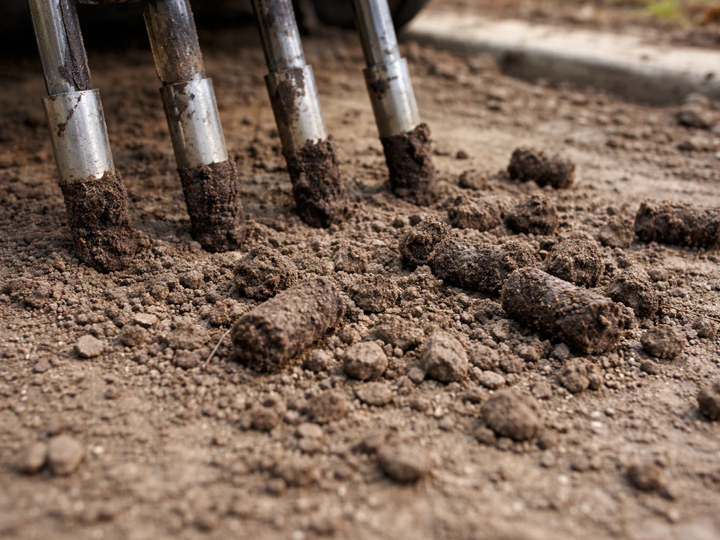 Aeration tines lift soil cores from compacted ground, leaving loosened soil ready for seeding
