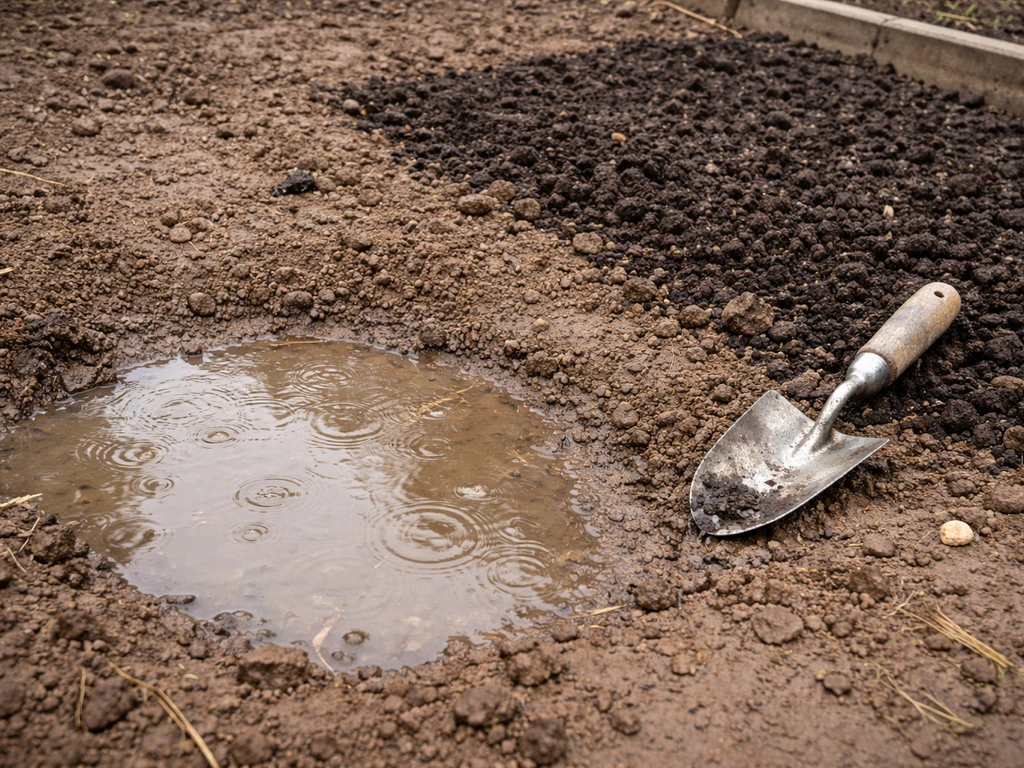 Shallow water pooled on clay soil after rain beside a section with compost worked into the top layer.