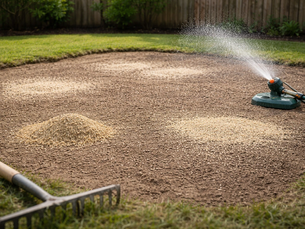 Raked seedbed with scattered grass seed, light topdressing, and a sprinkler ready for gentle watering