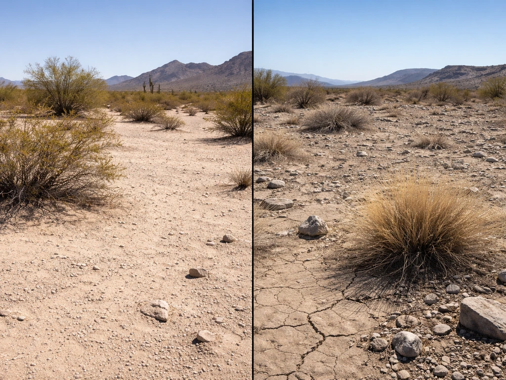 Split view of low-elevation hot desert versus high-desert rocky dryness with sparse plants.
