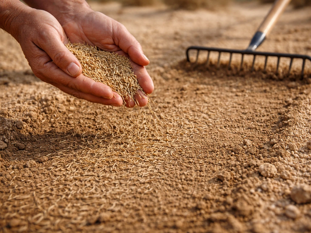 Anonymous hands broadcast grass seed onto a raked desert seedbed, then lightly rake for contact.