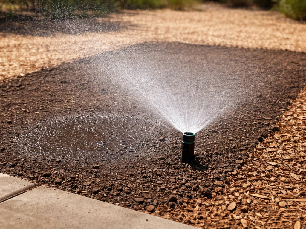 Running sprinkler over bare soil with a visible wet sheen, showing controlled moisture during germination.