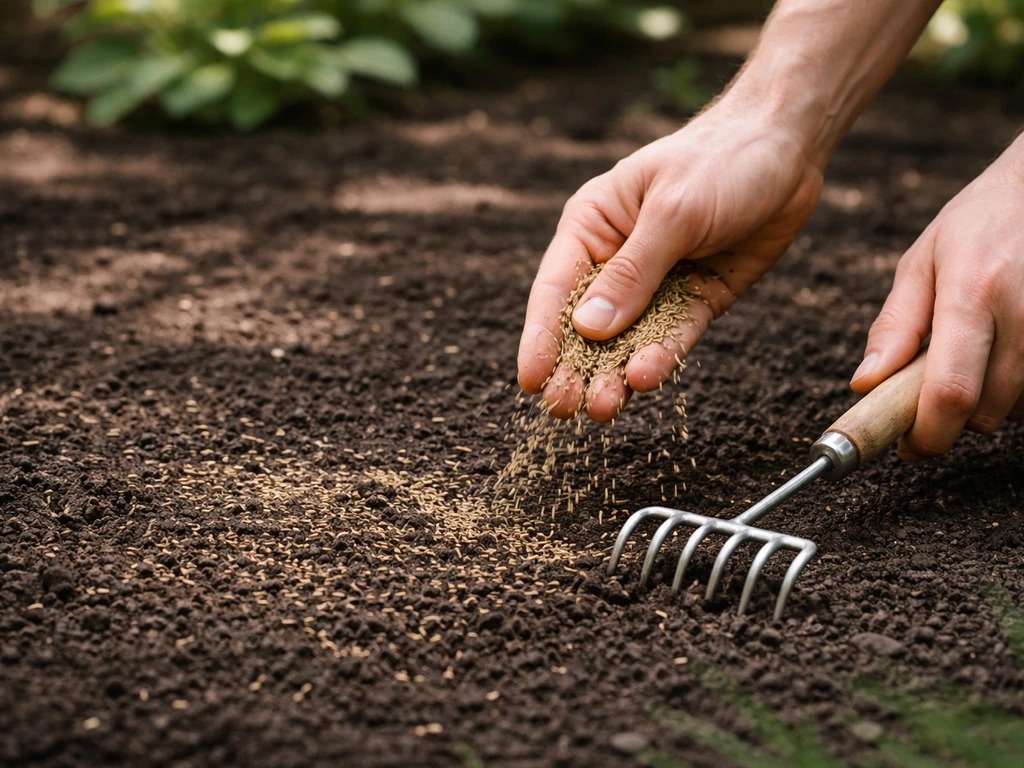 Hands spread grass seed over prepared shaded soil, lightly raking for even coverage before watering.