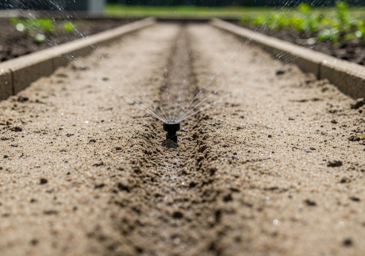 Close-up of a garden sprinkler watering seeded sandy soil with a lightly moist, non-puddled surface.