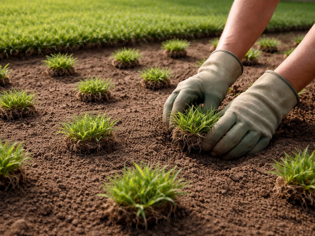 Hands laying small plugs of St. Augustine grass into prepared soil in a sunny backyard lawn.