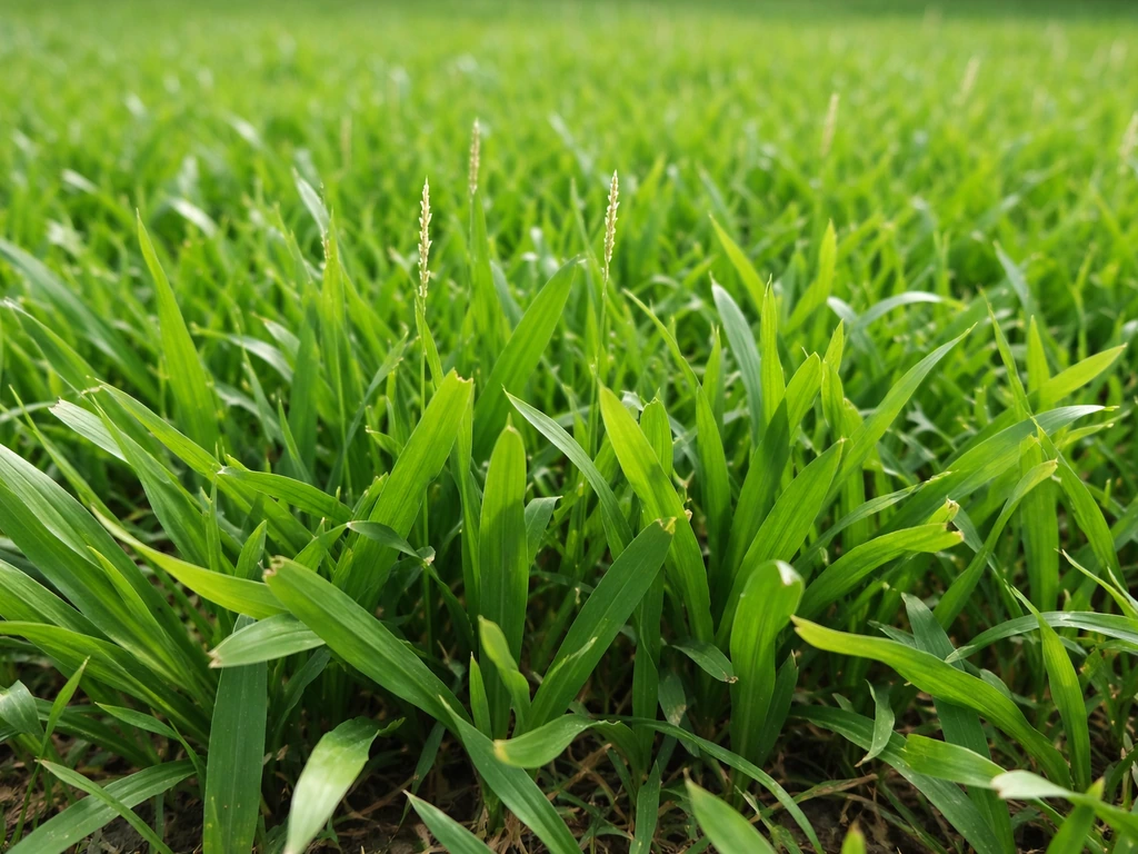 Close-up of St. Augustine grass blades with pale, underdeveloped seedheads that don’t form viable seeds.