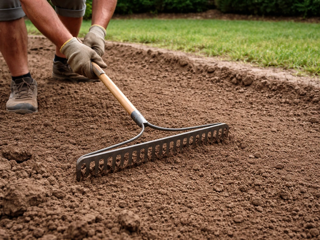 Hand with garden rake leveling loose topsoil in a graded lawn bed.