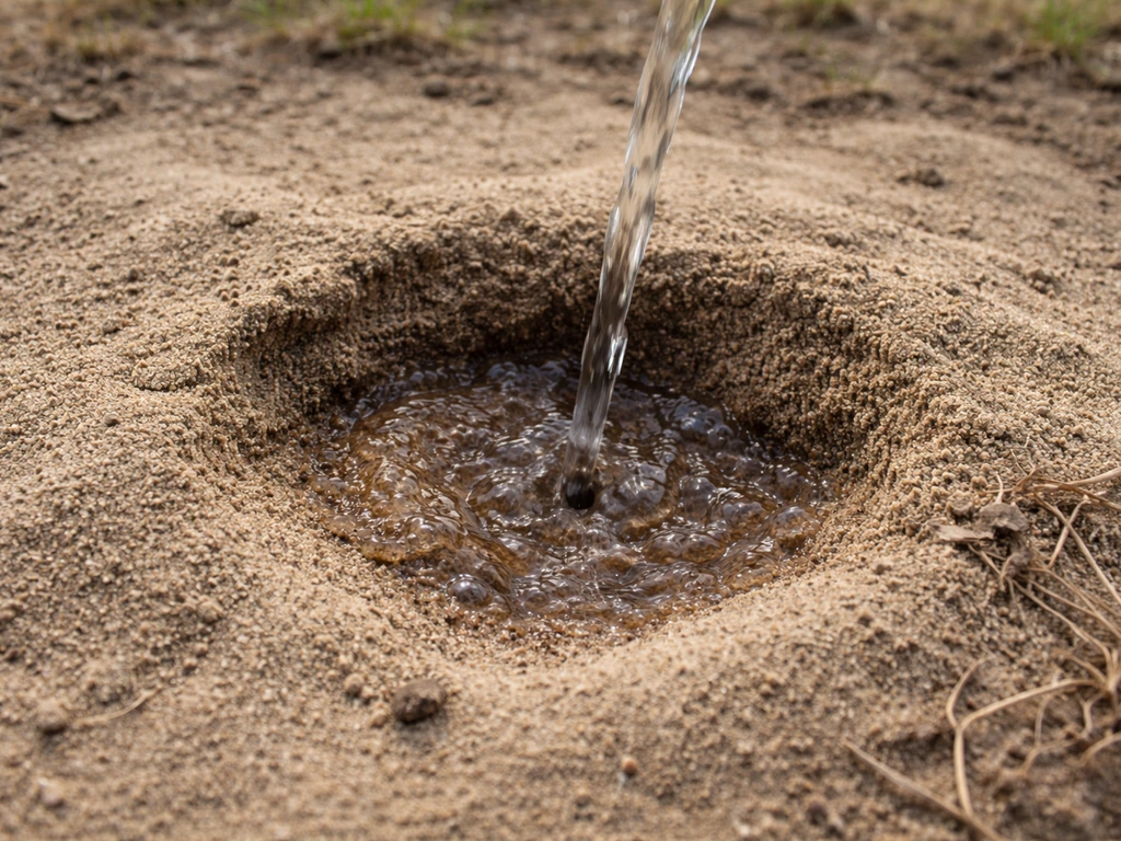 Close-up of sandy soil with water soaking quickly into dry ground, showing fast drainage for lawn patching.