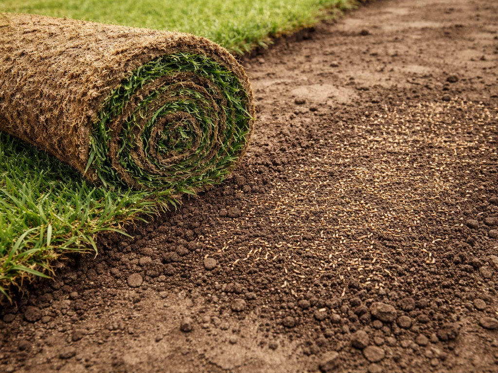 Close-up of St. Augustine sod rolls beside bare seeded soil to contrast turf vs seed establishment.