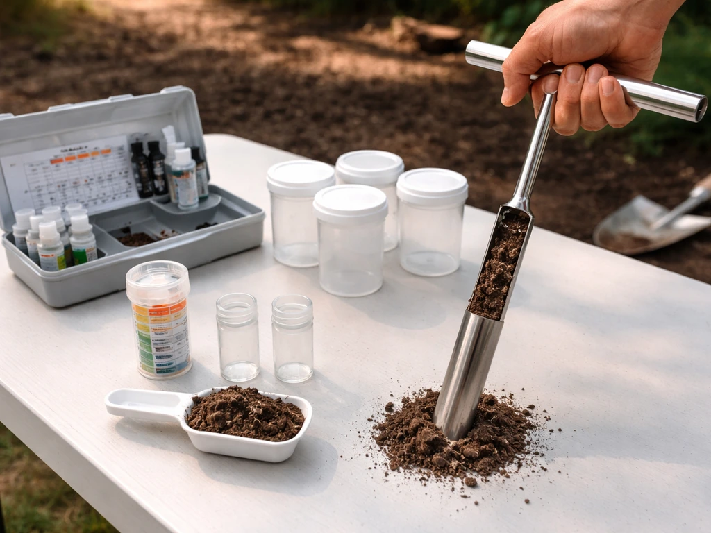 Soil probe, soil test kit, and prepared soil sample containers on a simple outdoor work table.