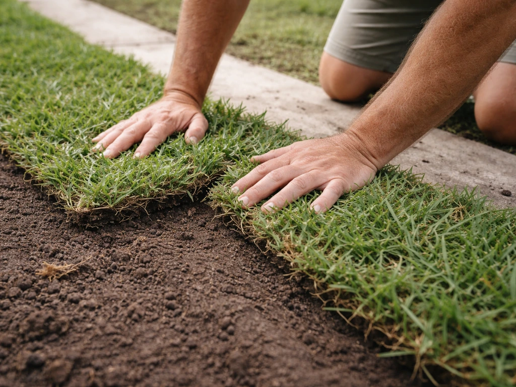 Hands laying the first row of St. Augustine sod along a straight sidewalk, seams aligned.