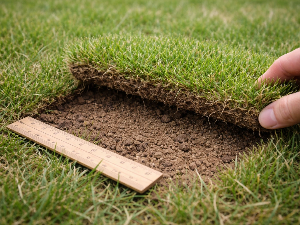 Freshly lifted sod revealing dry soil and an air gap beneath, with a simple measuring ruler nearby