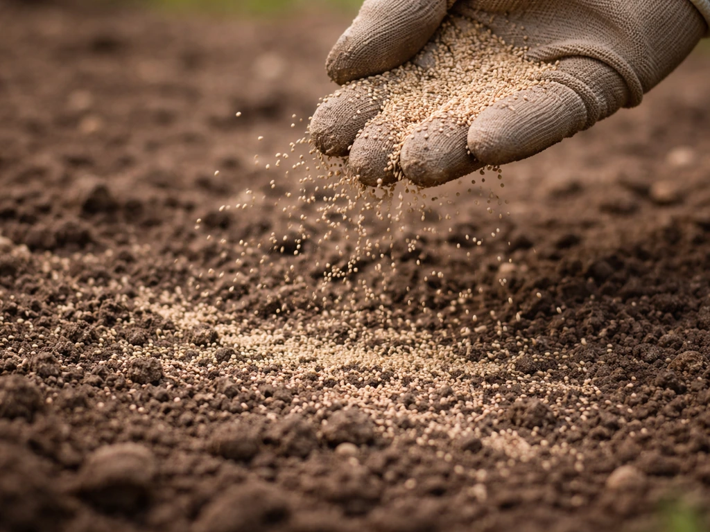 Tiny Bermuda grass seed scattered lightly over prepared soil close-up