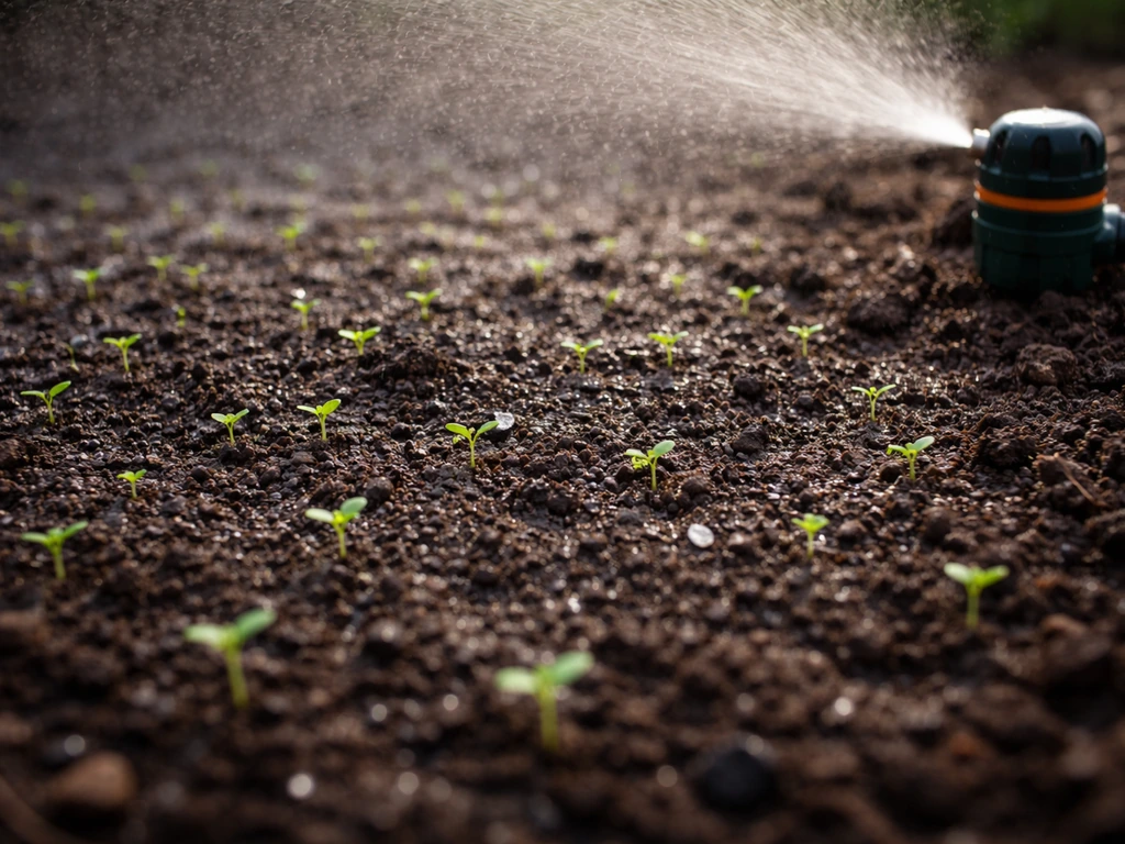 Close-up of a small sprinkler misting a seedbed, topsoil kept moist with no pooling.