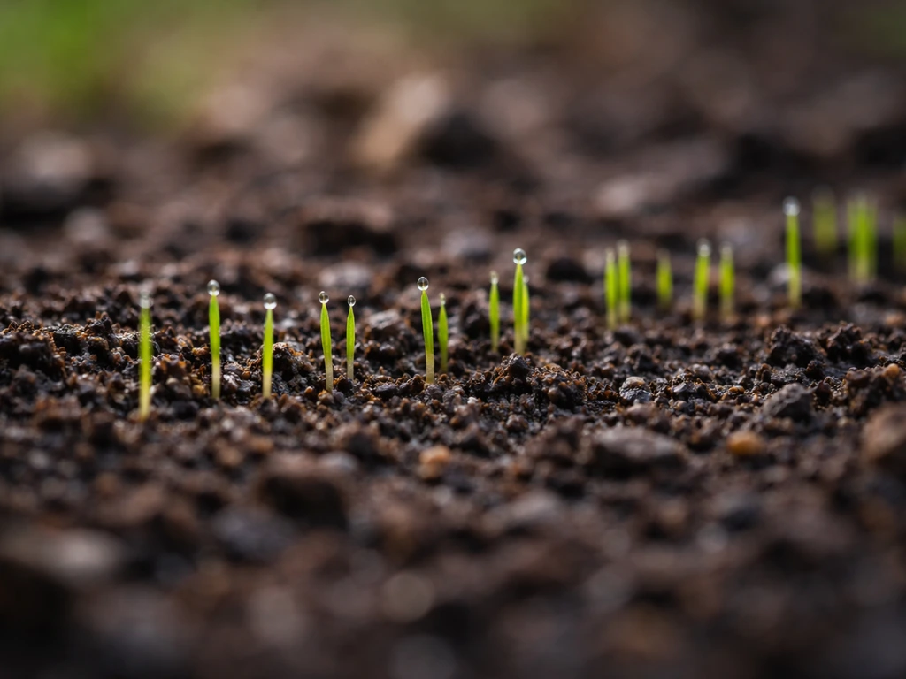 Close-up of tiny Bermuda grass seedlings with whisker-like sprouts emerging in a line from soil.