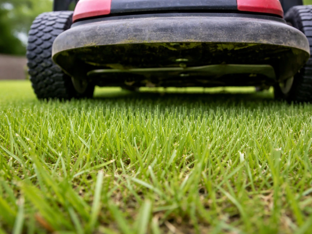 Close-up of lawn mower deck set high, cutting Bermuda seedlings around 2 inches tall without scalping.
