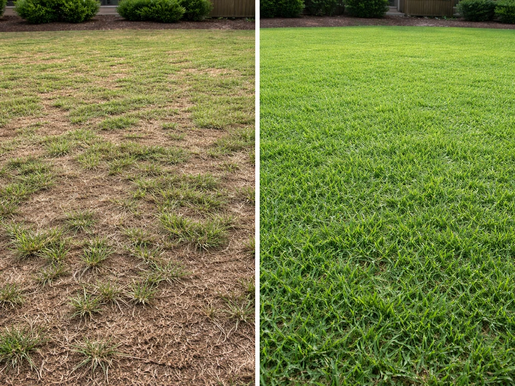 Split view of thin bare Bermuda grass patch versus thickened overseeded Bermuda lawn area