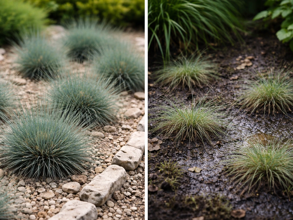 Blue fescue thriving in sunny rocky border beside a shadier, damp area where it struggles.