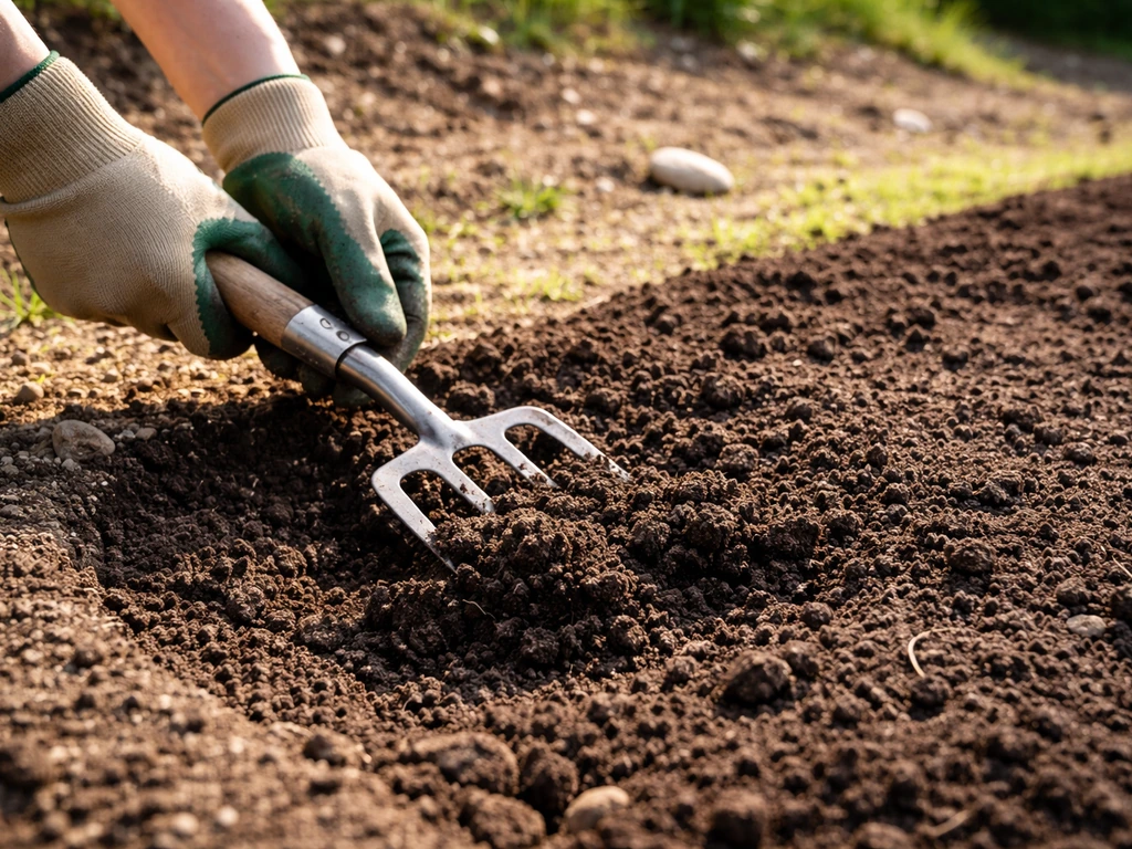 Gloved hands loosening compacted soil in a sunny garden bed, emphasizing drainage and aeration.