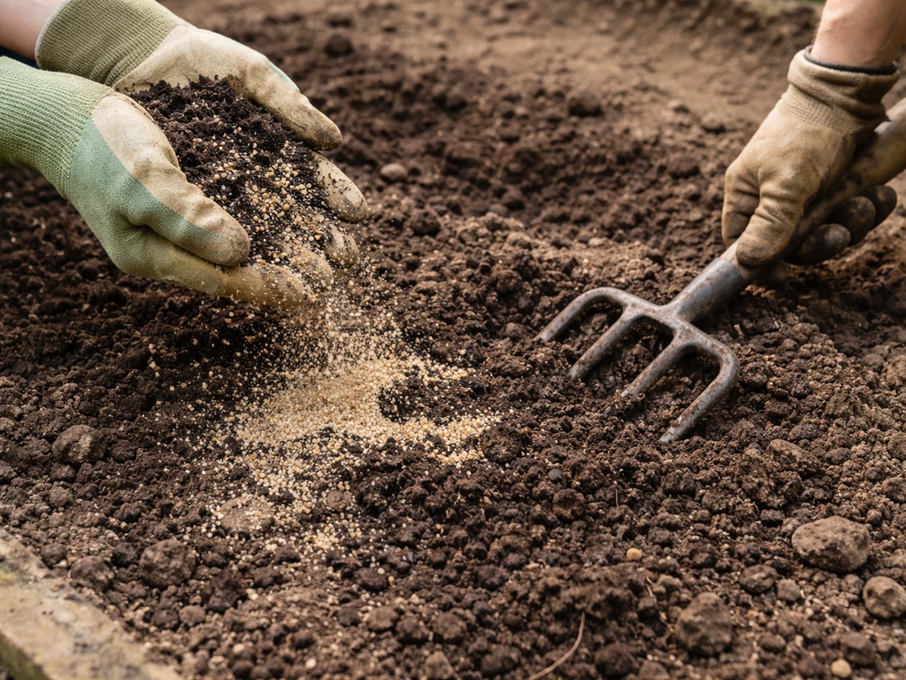 Gardener mixes coarse sand and compost into loosened soil for better drainage and aeration.